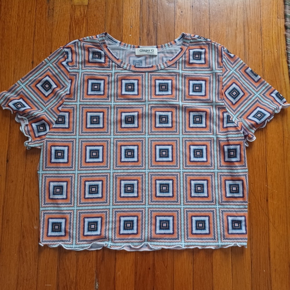 Ginger G Blue/Green and Orange Sheer Crop T-Shirt